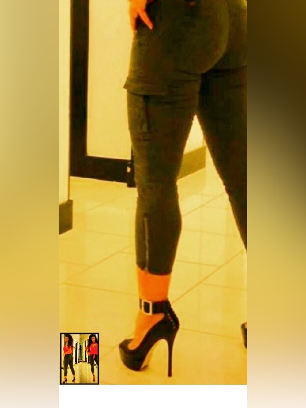 Buy this OUTFIT! BEBE.Red top,stretch cargos, black bebe heels size 9,necklace - Picture 3 of 3